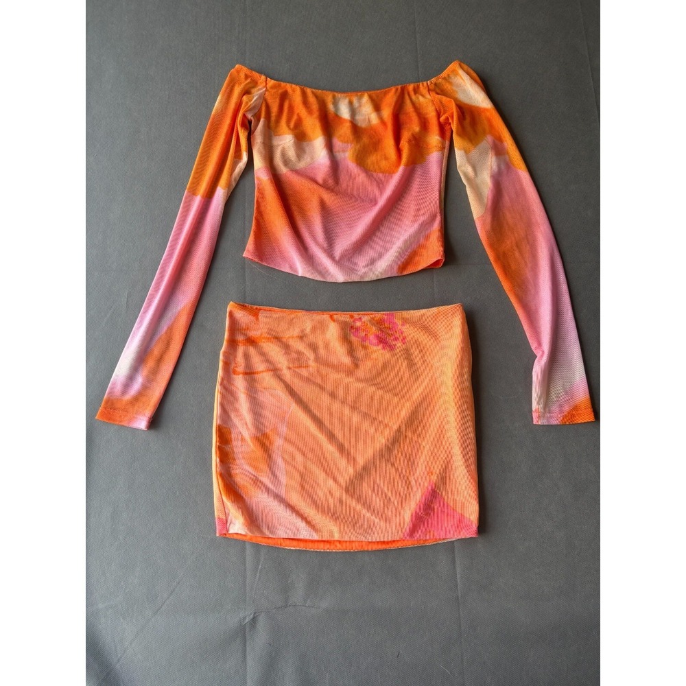 Tiger Mist Top & Mini Skirt Women's‎ XS Orange Artist Print Long Sleeve Lined